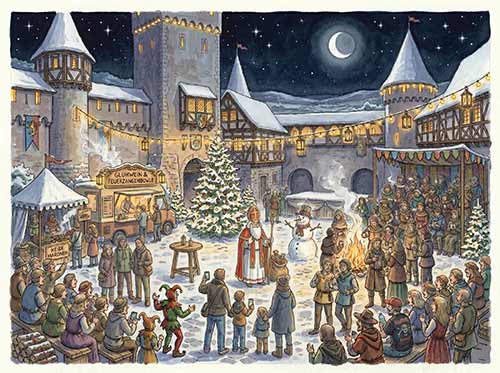Ein festlich geschmückter mittelalterlicher Stadtplatz in Ronneburg im Main-Kinzig-Kreis erstrahlt im Lichterglanz und im Schnee. Die Menschen genießen das Angebot an den Marktständen, versammeln sich um ein Lagerfeuer und den Weihnachtsbaum, während der Nikolaus und ein Hofnarr die Kinder unterhalten.