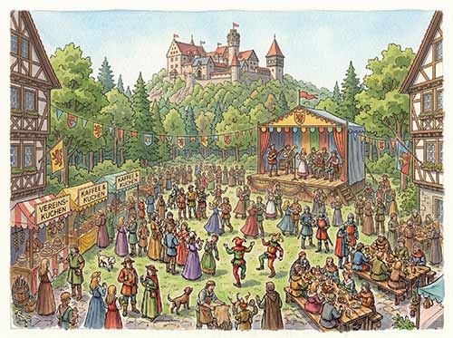 Eine lebhafte mittelalterliche Festszene im Main-Kinzig-Kreis, in der Menschen in historischen Kostümen tanzen, an Imbissständen essen und den Darstellern auf der Bühne zuschauen. Fahnen und Banner schmücken das Gelände, in dessen Nähe sich eine Burg auf einem Hügel und Fachwerkhäuser befinden.