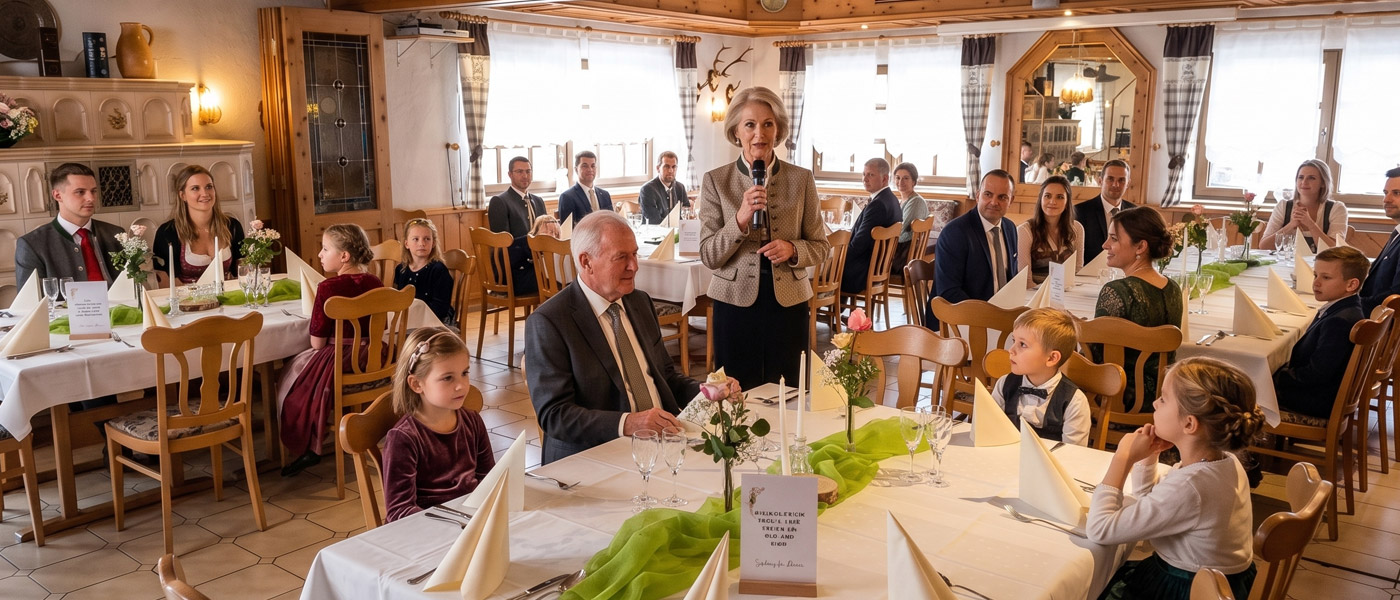 Eine Gruppe von Menschen, darunter Erwachsene und Kinder, sitzt an festlich gedeckten Tischen in einem gemütlich beleuchteten Gasthaus. Eine Frau steht mit einem Mikrofon in der Hand da und spricht zu den Gästen. Weiße Servietten und grüne Tischläufer schmücken das einladende Ambiente des Monteurzimmers.
